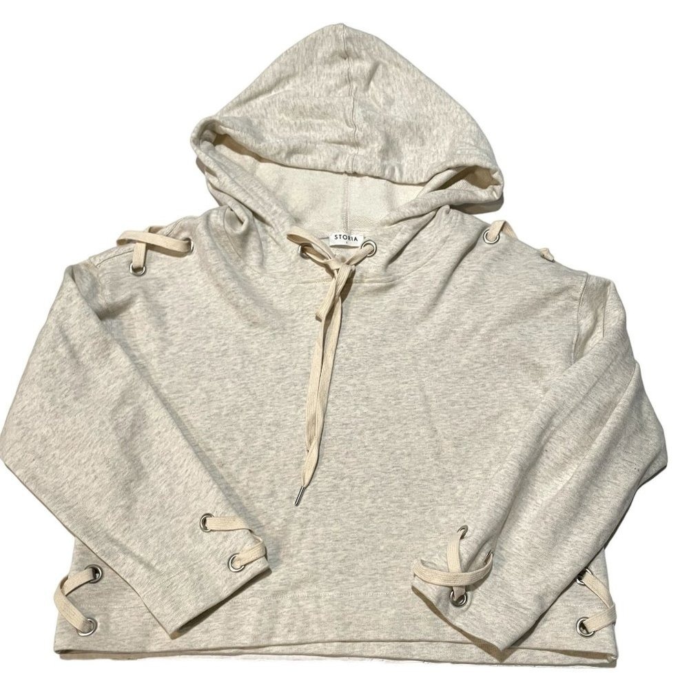 Storia Lace Up Cropped Hoodie Oatmeal Grey French Terry Pullover Sweatshirt E1